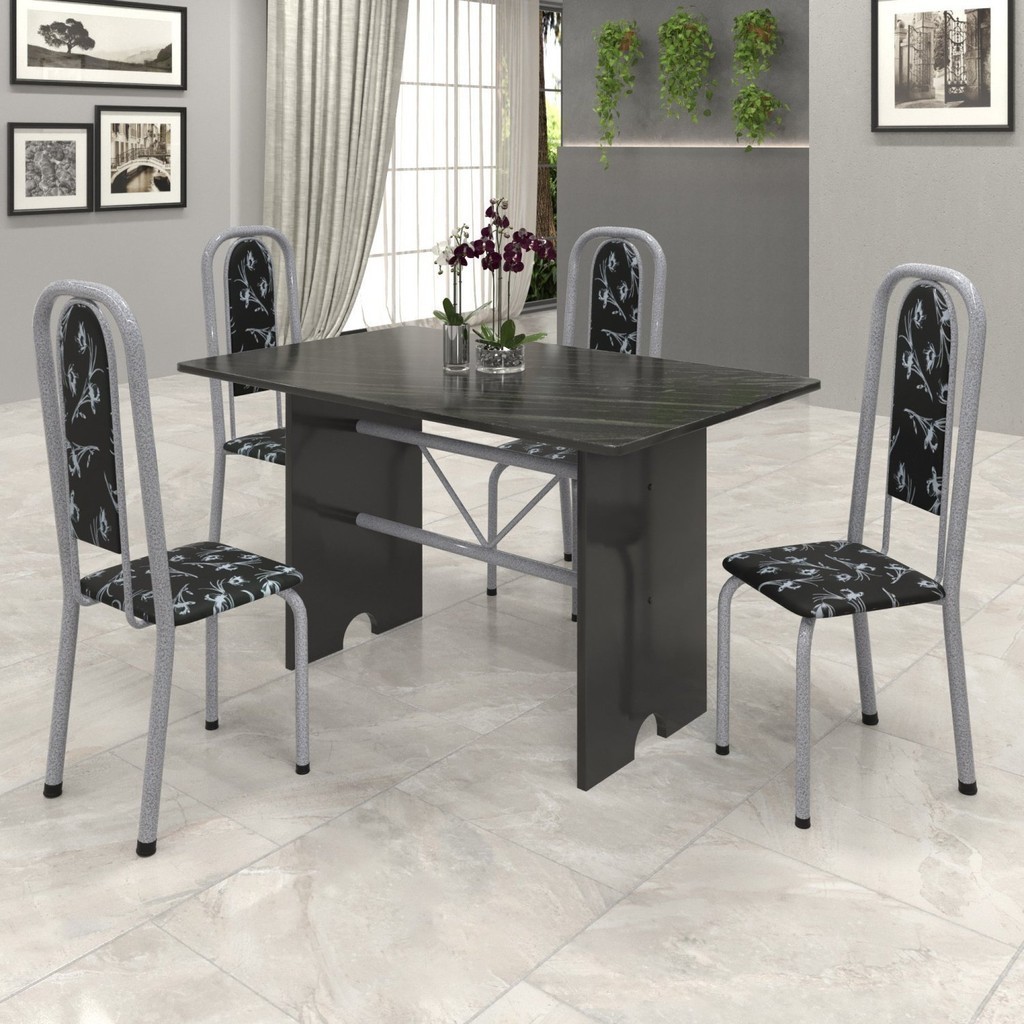 Conjunto de Mesa Tampo Ardósia 120x75cm com 4 Cadeiras Lavínea  Martelado Perola/Ardósia Indiano/Preto Floral em Oferta na Shopee
