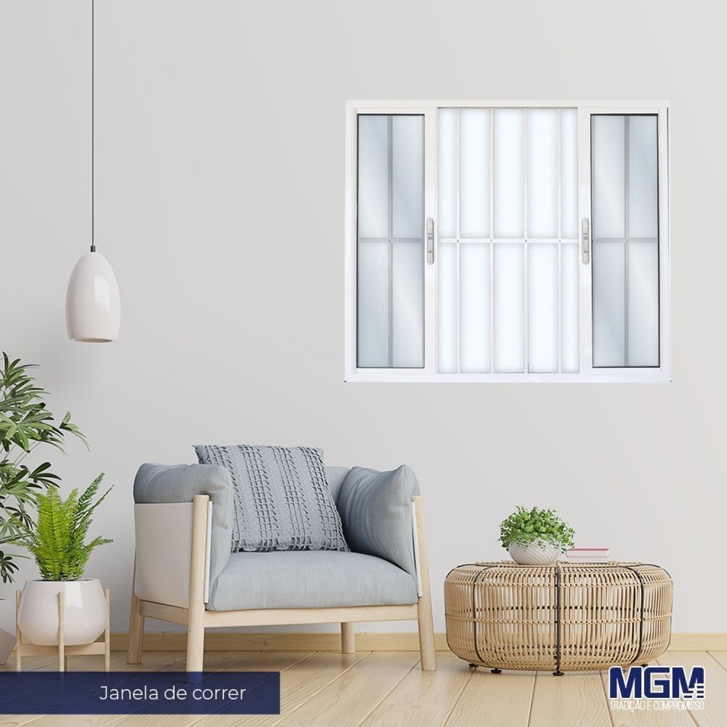 Janela de Alumínio de Correr 120x120cm 4 Folhas 2 Fixas com Grade e Vidro Liso Linha Solida Mgm 120cm x 120cm