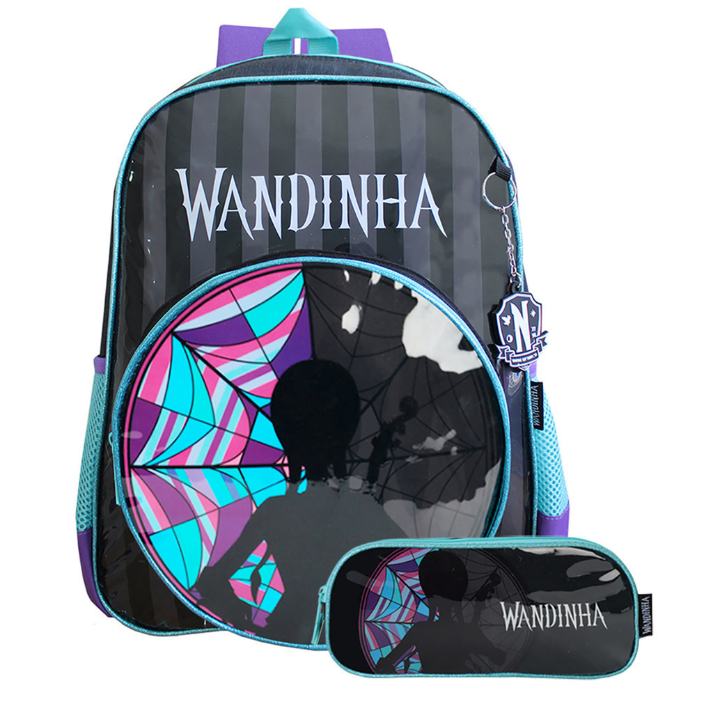Kit Escolar Infantil Wandinha Mochila De Costas Com Estojo Dois Compartimentos