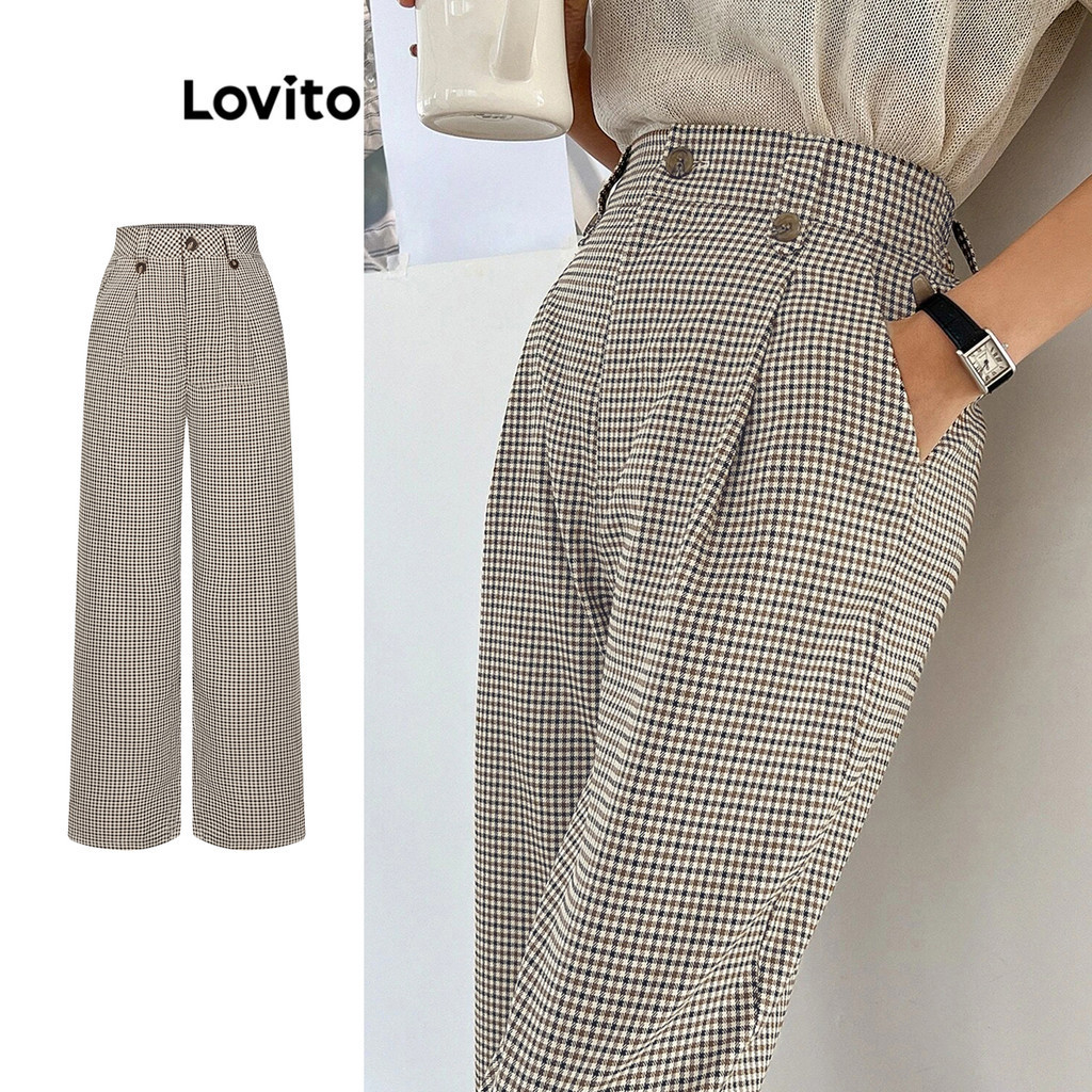 Lovito Casual Calça Feminina Gingham com Botão L70AD049 (Multicolorido)