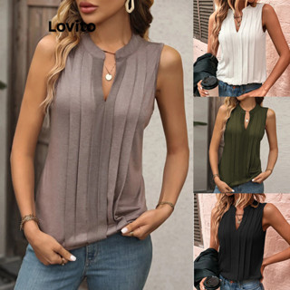 Lovito Regata Plissada Simples Casual para Mulheres LNL35023 (Caqui/Branco/Preto)