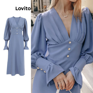 Lovito Vestido Elegante Plissado Com Botões Lisos Para Mulheres LNL50097