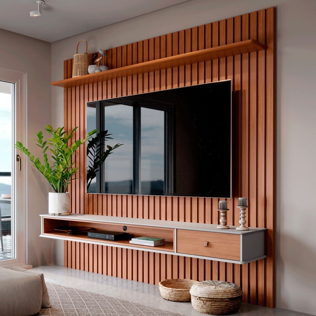 Painel para TV Até 65 Polegadas Detroit 1 Prateleira Ripado Nature - Tebarrot em Oferta na Shopee