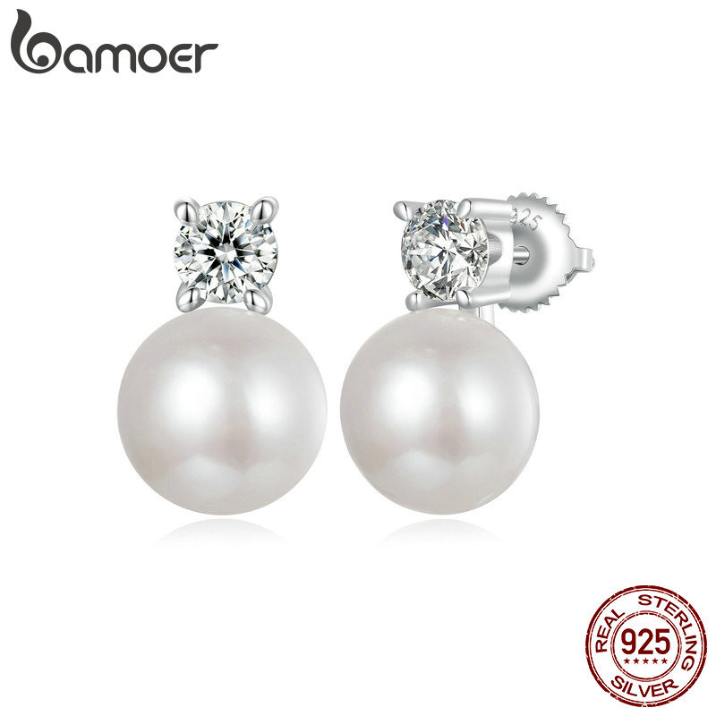 Bamoer 925 Sterling Sliver Stud Brincos Moissanite Pérola Natural Jóias Presentes Para Mulheres