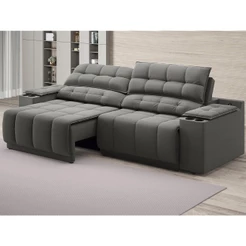 Sofá com Porta Copos Carregador USB Ret Rec Samurai 2,30m Velosuede Cinza - NETSOFAS