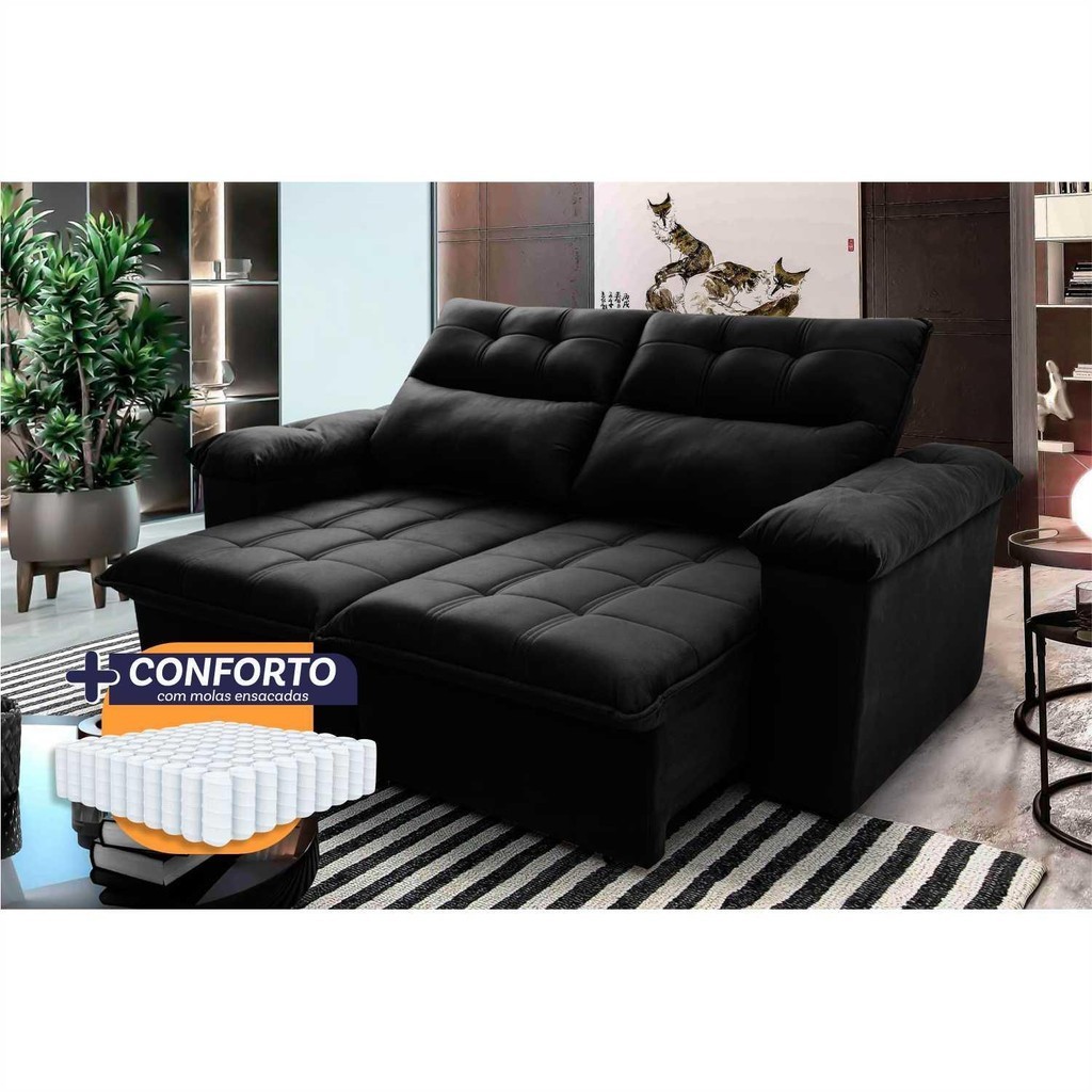 Sofá Retrátil Reclinável Verona 1,50m Suede Velut Preto Molas Ensacadas - King House em Oferta na Shopee