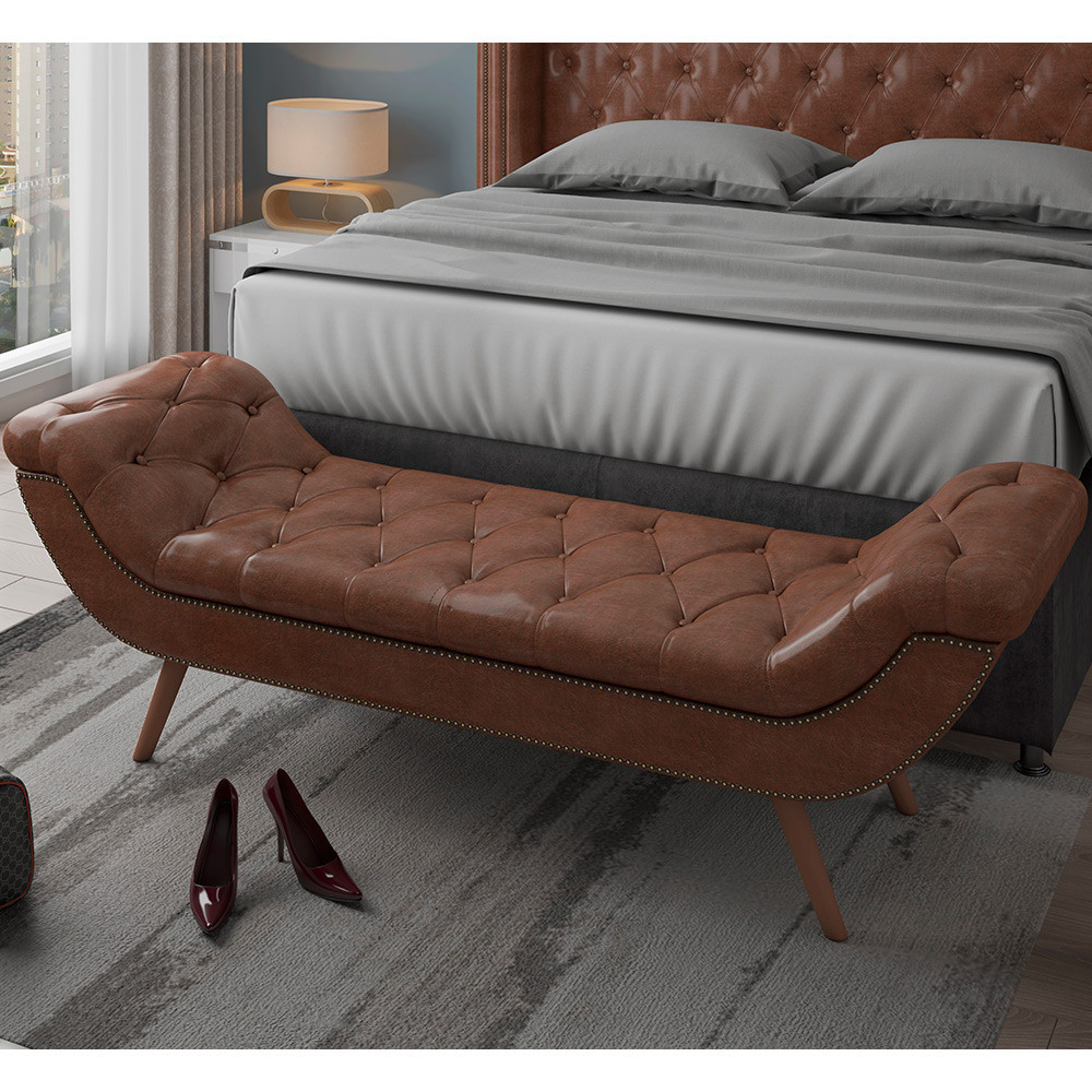 Puff Recamier Decorativo com Tachas 195 cm Santorini P05 Corino Marrom - Lyam Decor