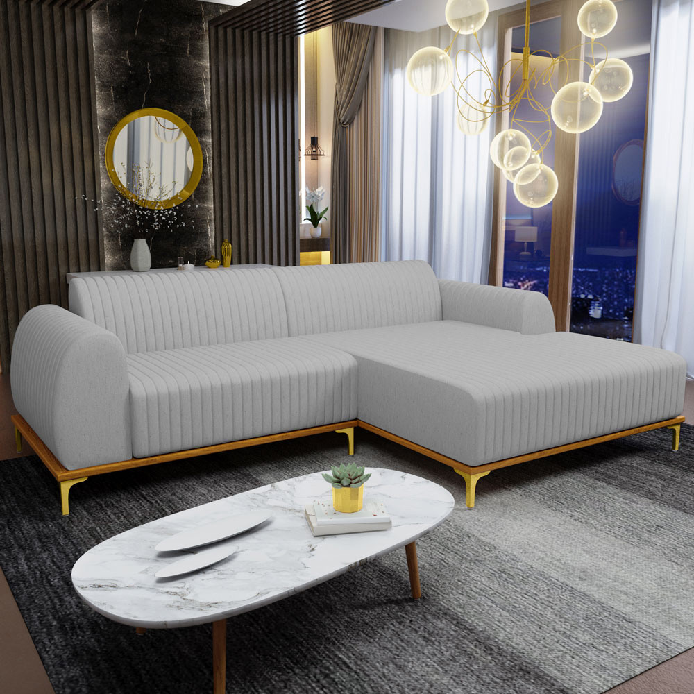 Sofá 3 Lugares com Chaise Direito Sala de Estar Molino 230cm D02 Linho Cinza D-315 - Lyam Decor em Oferta na Shopee