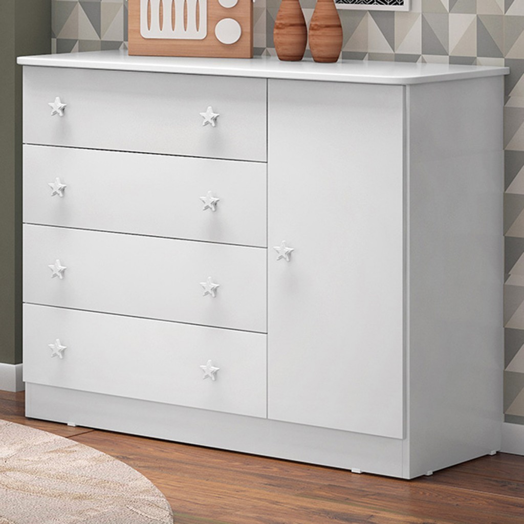 Cômoda Infantil Doce Sonho 1 Porta 4 Gavetas Branco - Qmovi - Home & Living
