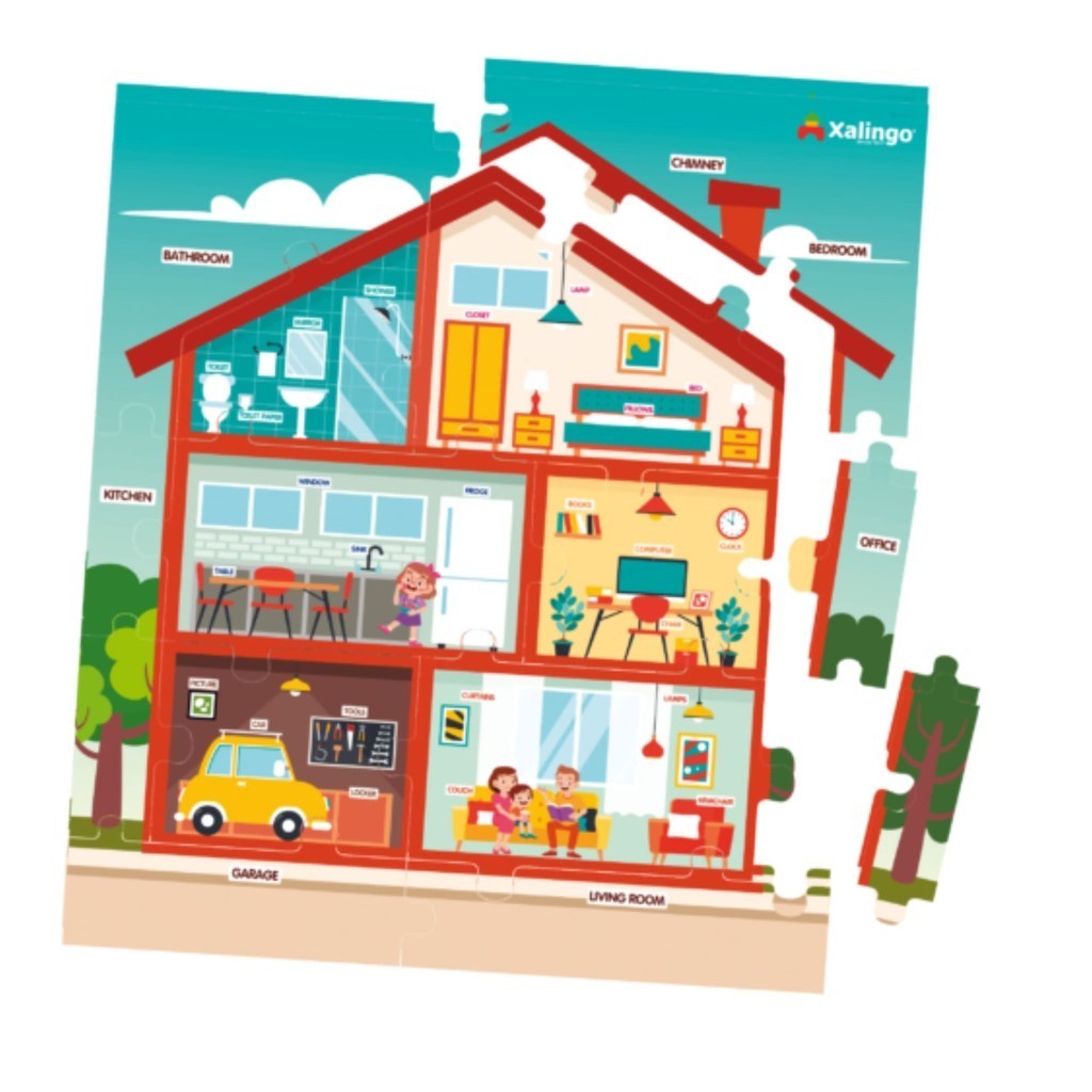 Detalhes do Brinquedo Quebra-Cabeça Didático Partes da Casa em Inglês p/ Crianças 14 Peças Xalingo 12821