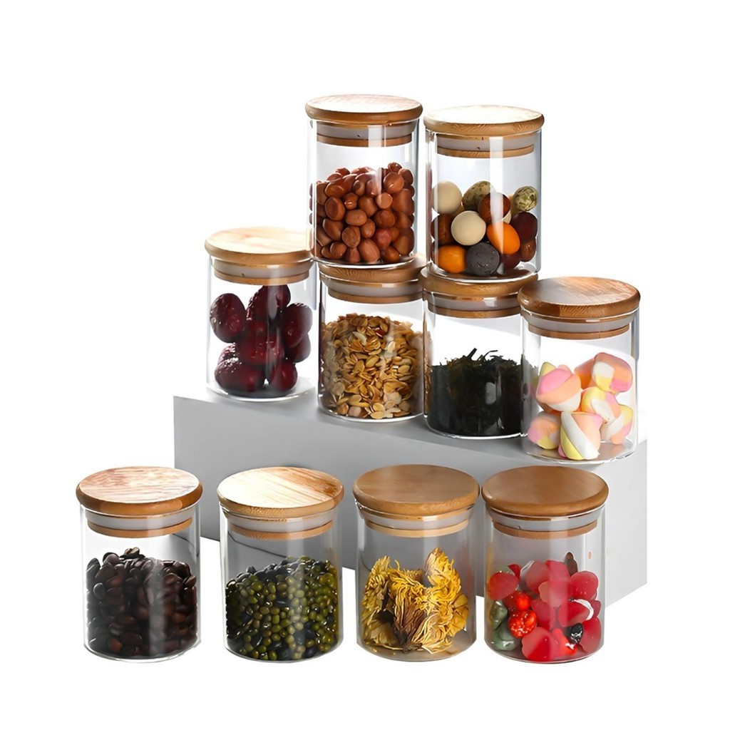 Kit 10 Pote Porta Temperos Mantimentos Design Sofisticado Tampa De Bambu Hermético 250ml