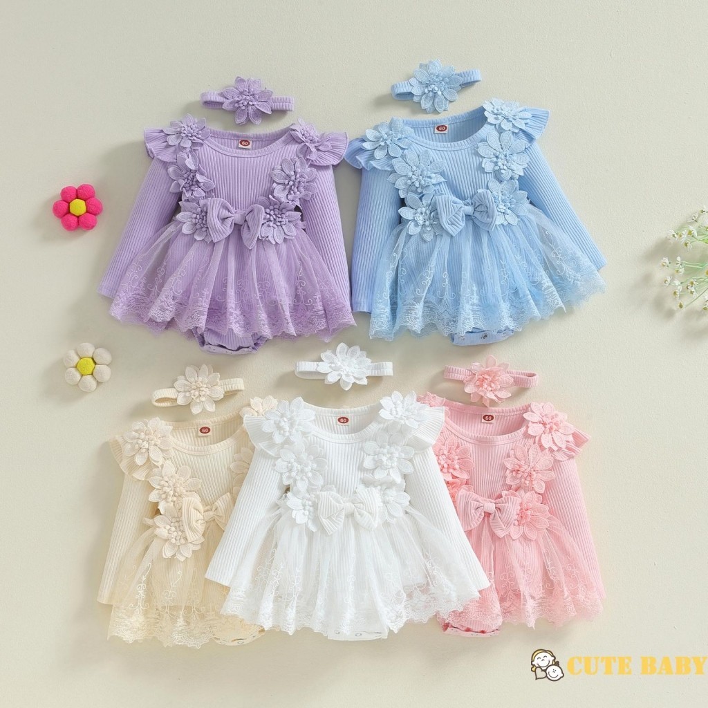 Eph-Infantil Bebê Meninas 2Pcs Roupas Flor Laço Manga Longa Macacão Vestido Com Faixa De C...