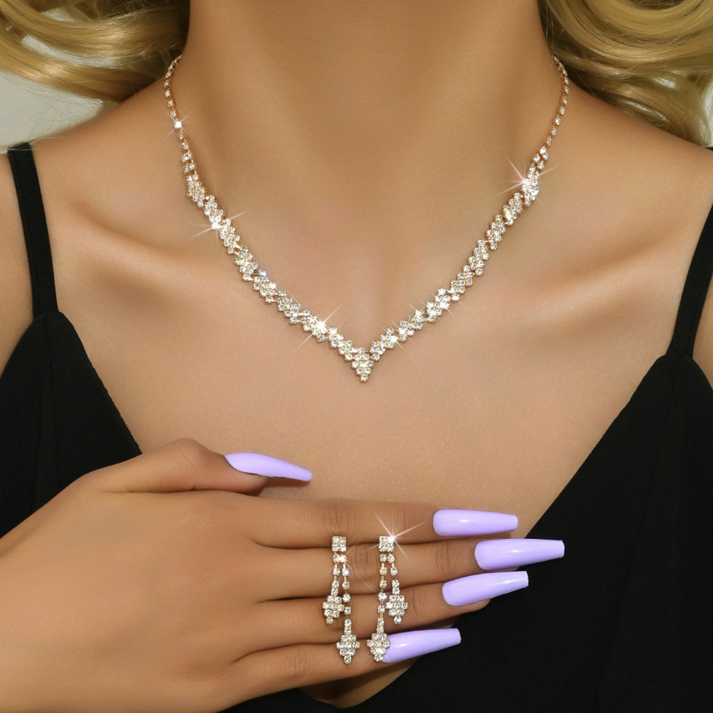 Conjunto De Colar E Brincos De Strass Em Forma De V Para Noiva , Joias De Casamento Mulheres , Perfeito Baile Festas , D em Oferta na Shopee