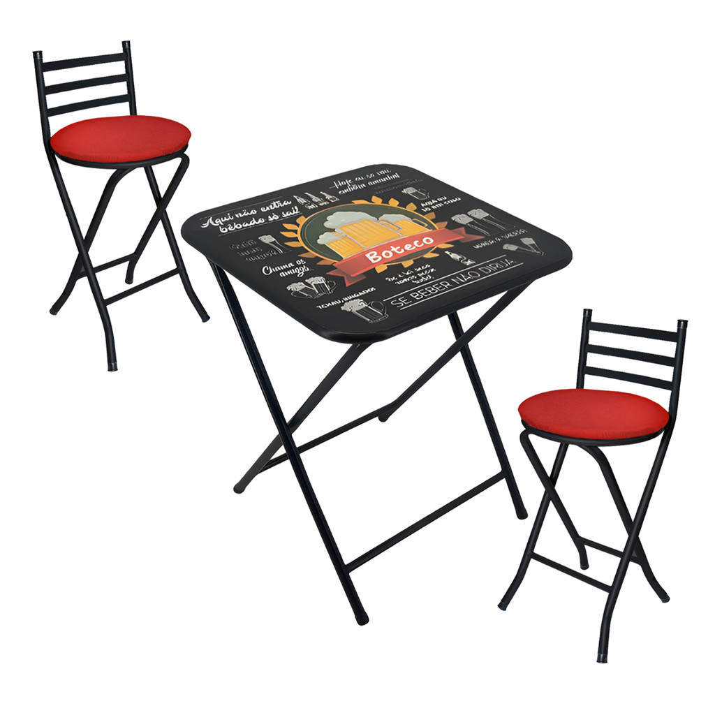 Conjunto Mesa Petisqueira de Centro com 2 Bancos Baixo Banqueta em Aço Dobrável Estofados Mesinha Churrasco Festas e Bar