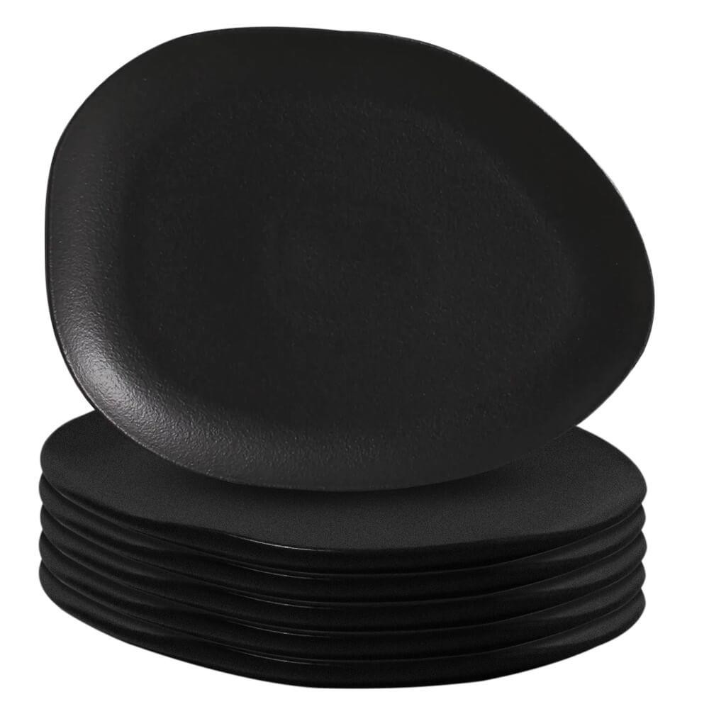 Jogo De Pratos Rasos De Cerâmica Stoneware Orgânico Oval Matte Preto 6 Peças - Porto Brasil - Home & Living