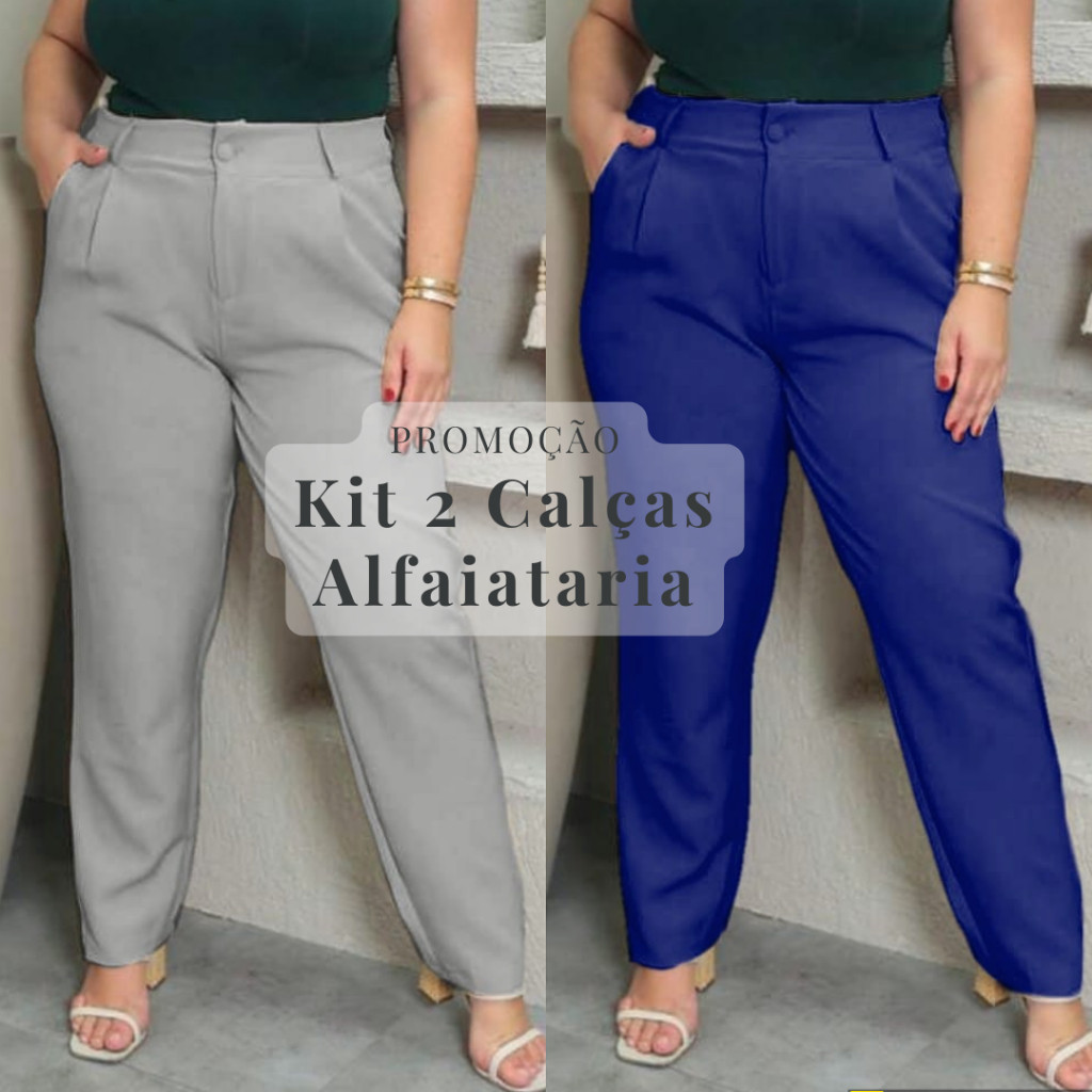 Kit2 de calças plus size femininas alfaiataria elegantes e sociais, cintura alta, casual em Oferta na Shopee