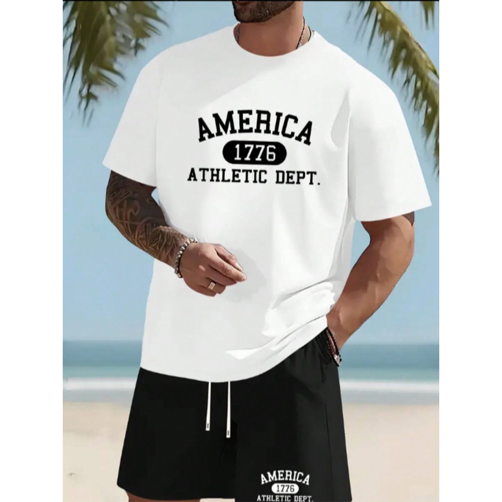 Conjunto Camiseta + Bermuda America 1776 Estampado Camisa 100% algodão Bermuda Tactel