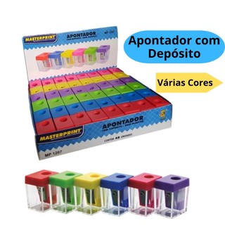 Apontador com Depósito Cores Sortidas Base Plástica Escolar - Masterprint (1, 3 OU 6 UNID…