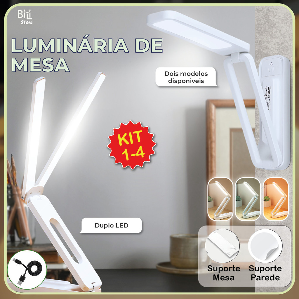 Luminária de Mesa Abajur Led Dobrável 3 Tons de luz suporte articulado USB Bivolt 2 Modelos
