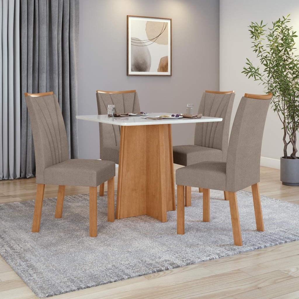 Conjunto Sala de Jantar Mesa Celebrare 90x90 Tampo Vidro/MDF com 4 Cad Apogeu Suede Amendoa/off em Oferta na Shopee