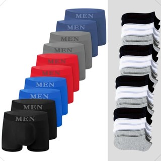 Kit 10 Cuecas Boxer em Microfibra Sem Costura e 12 Meias Soquete Algodão Conforto e Qualidade Kit dia dos pais