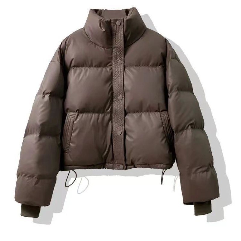 Jaqueta Acolchoada De Couro PU Feminina Coreana Gola Outono Inverno Casaco Curto Feminino Cor Sólida Quente Espessamento