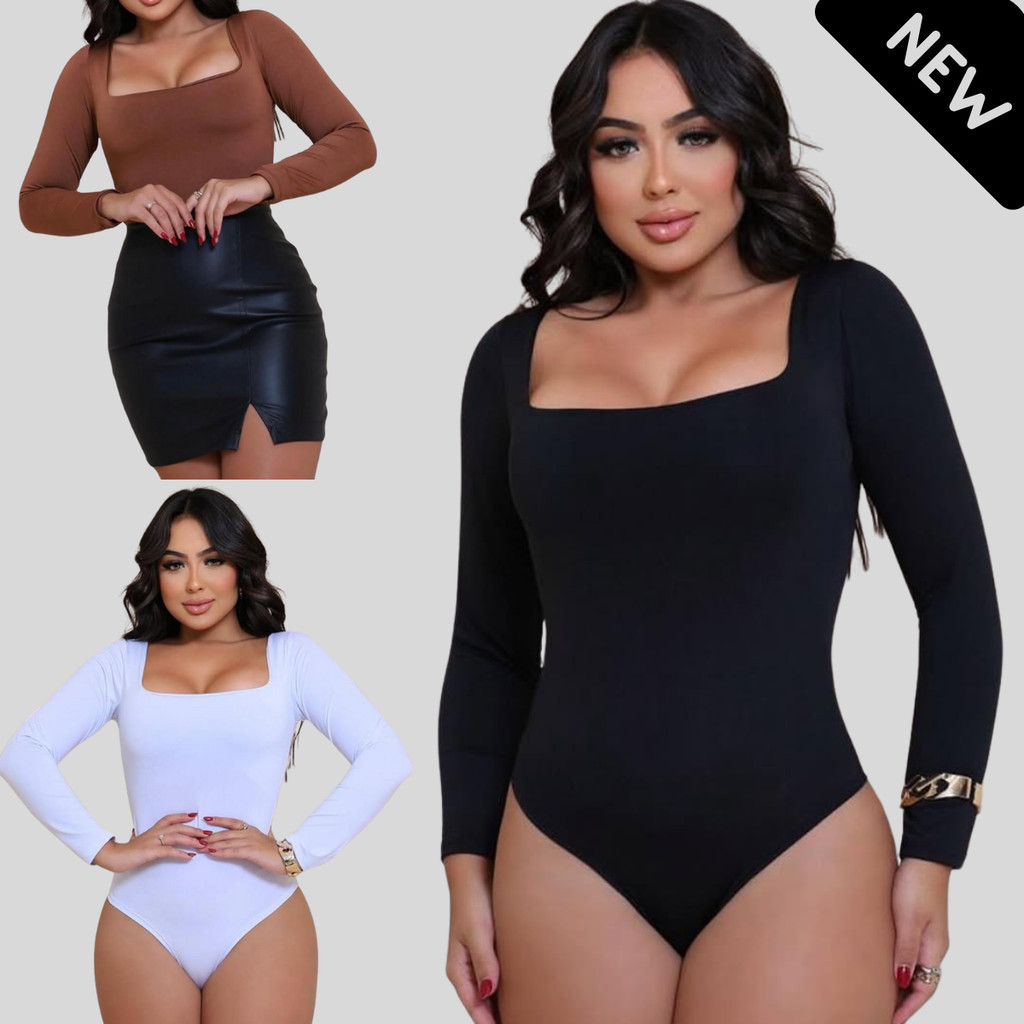 Body Bori Feminino Manga Longa Segunda Pele Efeito Modelador Decote Quadrado Justo