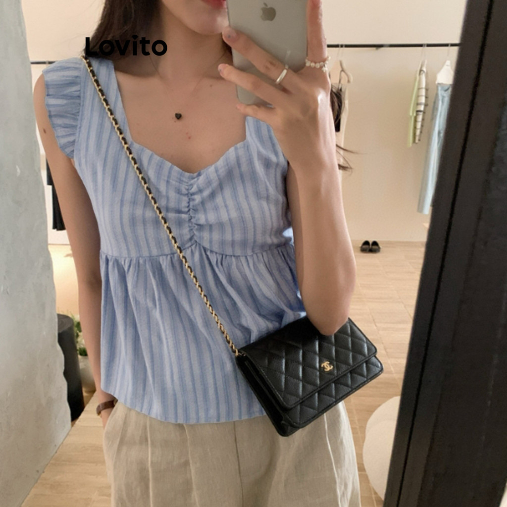 (Trendy) Lovito Blusa Casual Listrada Blusa Franzida Para Mulheres L95ED062 em Oferta na Shopee