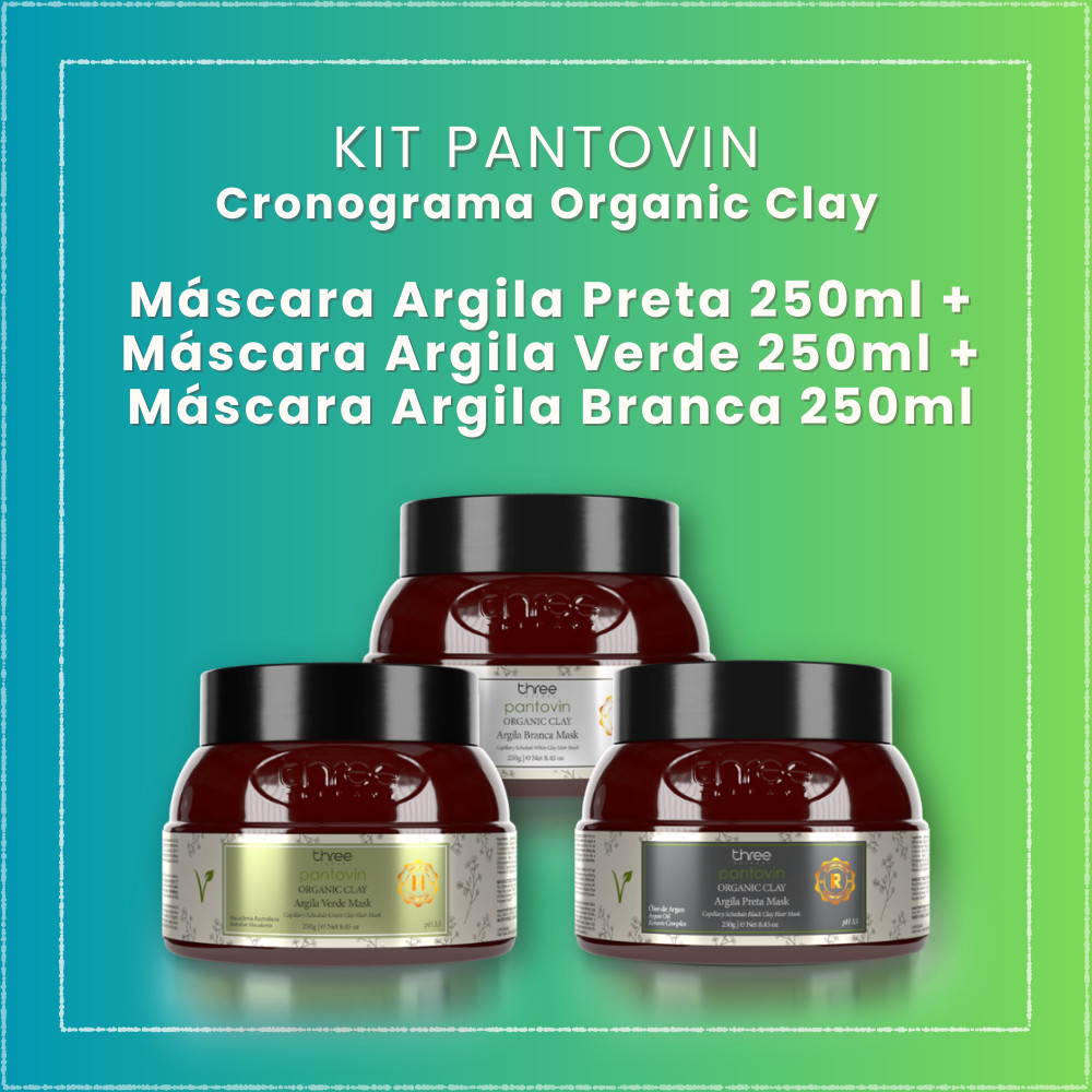 Kit Pantovin Organic Clay com Argilas Orgânicas Verde, Branca e Preta 250g Three Therapy