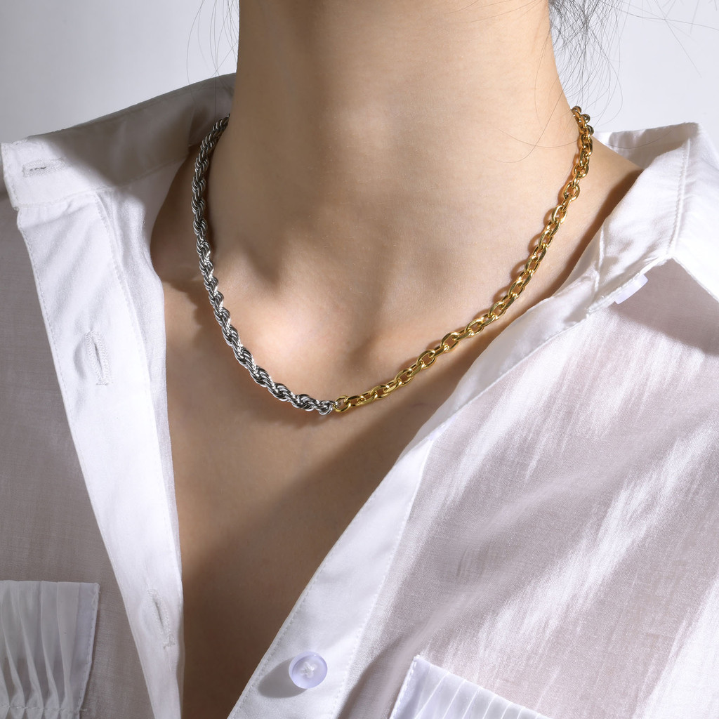Vnox Duas Cores Massa Frita Torções Ângulo Corrente Pulseira Colar Conjunto Para Mulheres Ajustável De Aço Inoxidável Se · foto 2