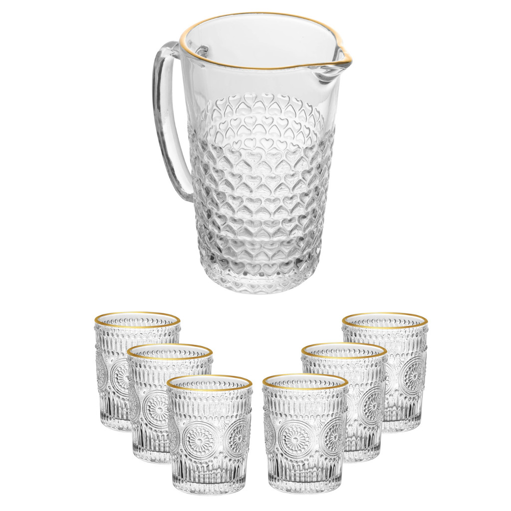 Jogo 7 Peças Premium De Jarra 1L Copos Cristal Fio De Ouro 260ml Lyor