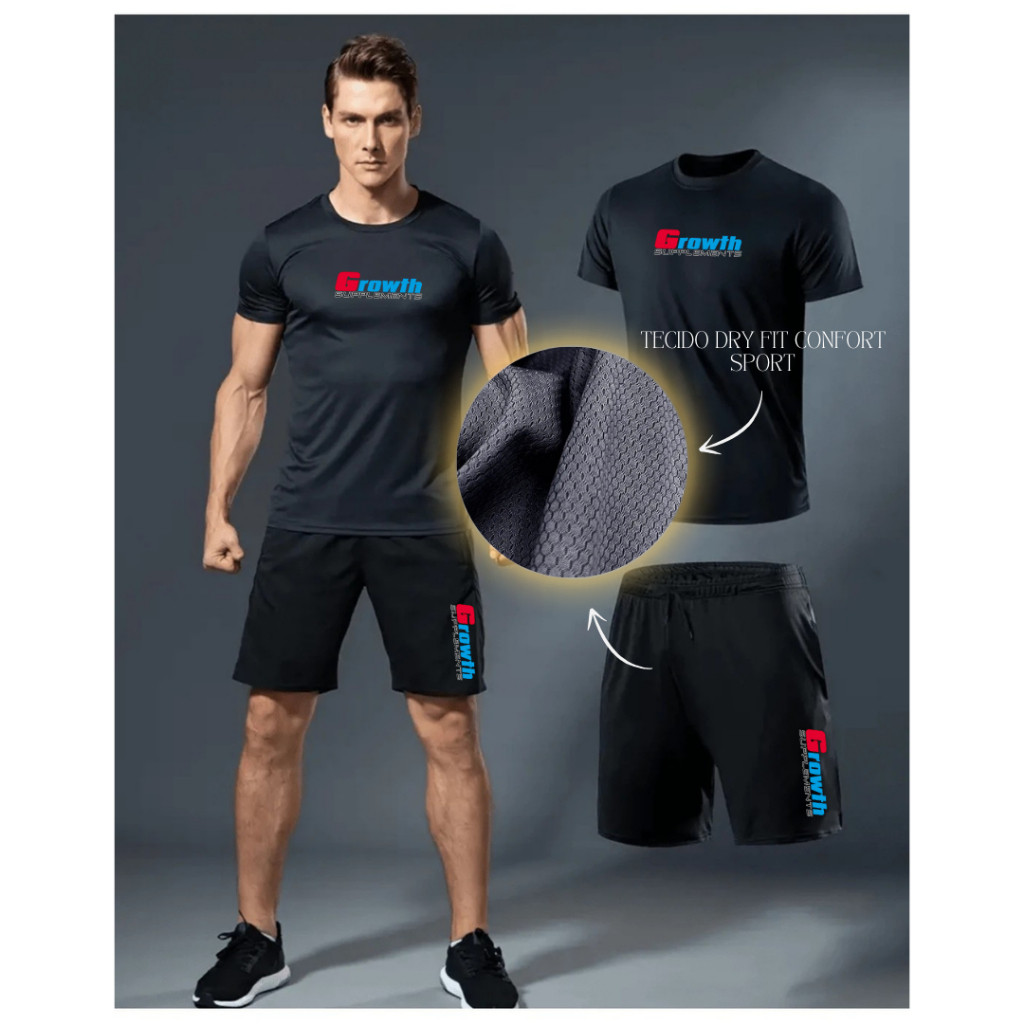 Kit Bermuda e Camisa Grow 03 Esportivo Dry Fit Com Elastano Confort Masculino Short De futebol Academia Treino Praia