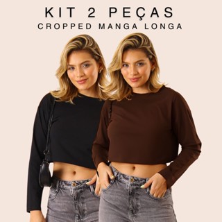 Kit 2 T-shirt Cropped Camiseta Manga Longa Oversized Blusa Feminina Outono Inverno Algodão Alba em Oferta na Shopee