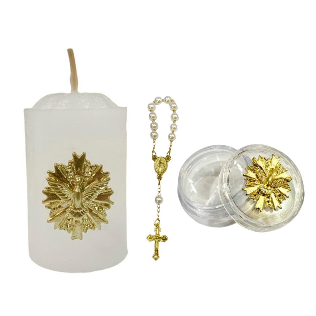 25 Kit Vela + Porta Terço Lembrancinha Divino Espírito Santo