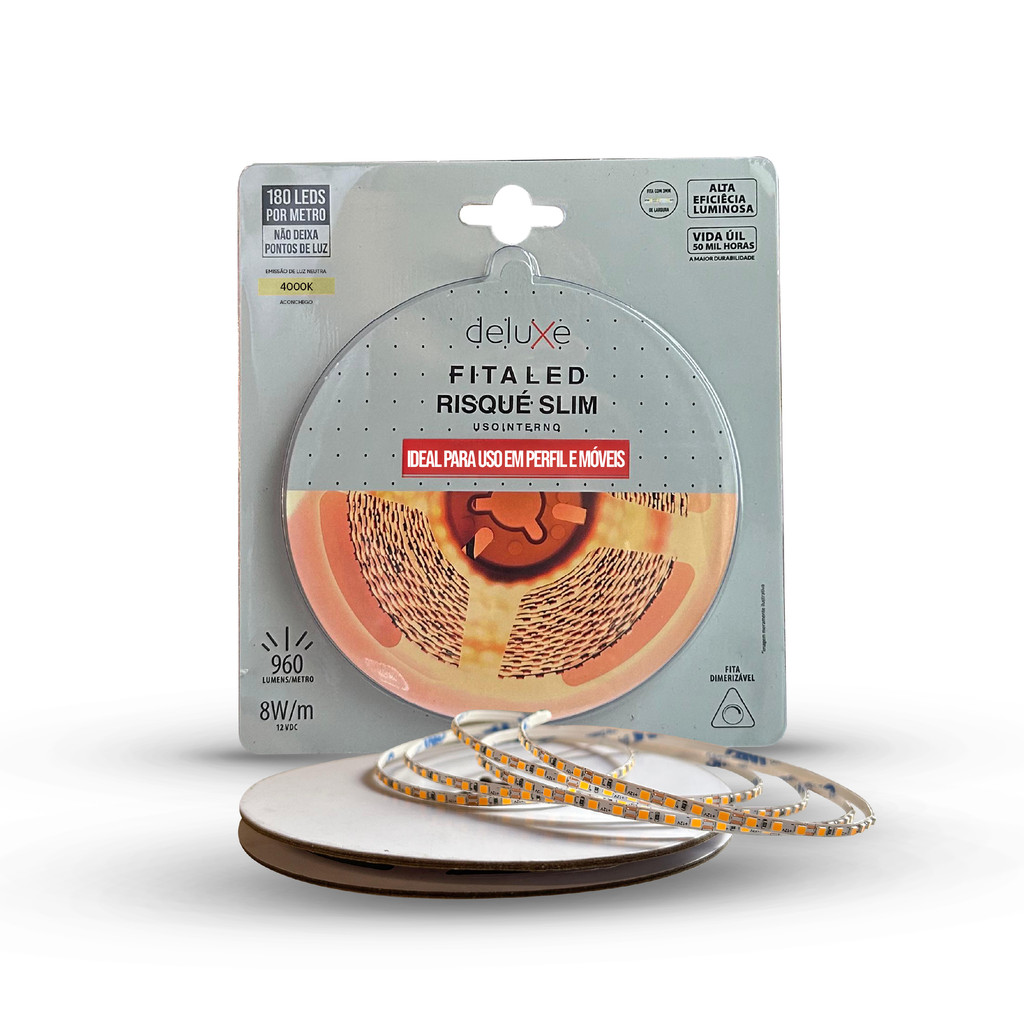 Fita Led Risque Ultra fina 3mm 8W 4000K 5m 12V Br Deluxe - Home & Living