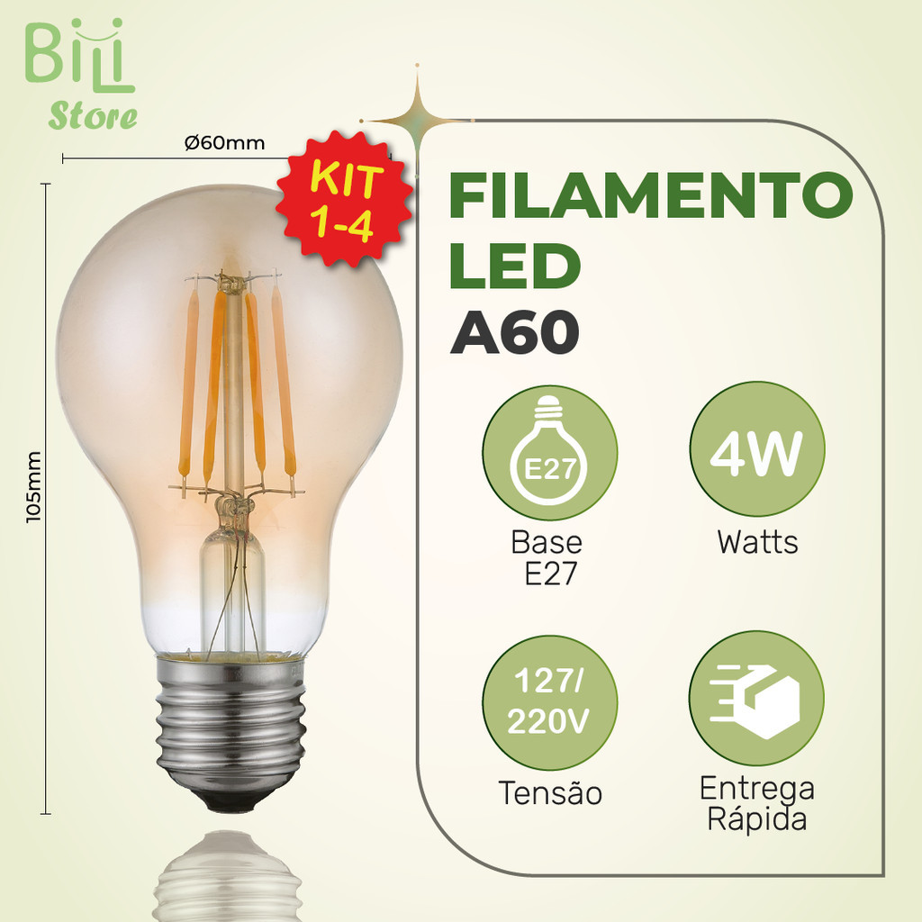 Lâmpada Filamento de LED Bulbo A60 4W Âmbar Bivolt Luminária Decorativa Retro Vintage