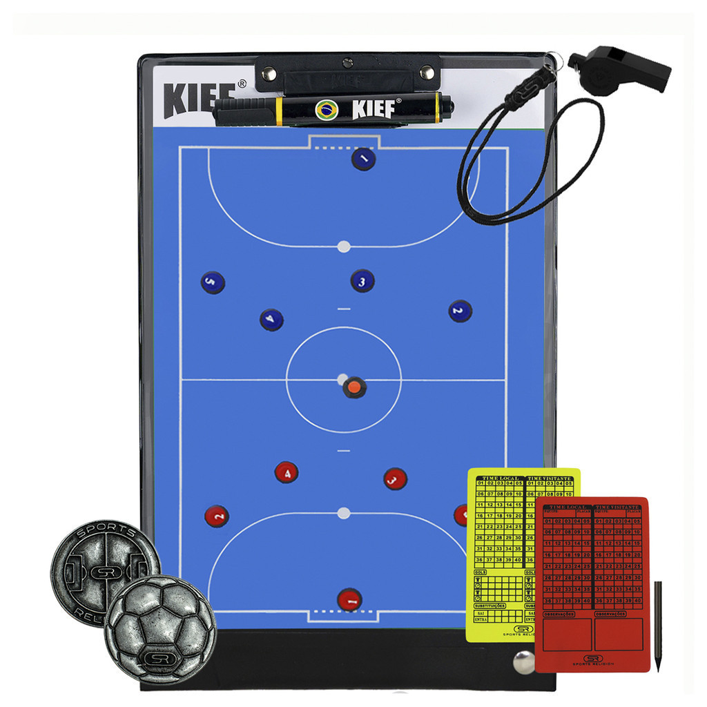Prancheta Tática Magnética Futsal Kief + Kit de Árbitro Cartão + Moeda