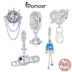 Bamoer 925 Sterling Sliver Charme Planeta Paralelo Foguete Design Pingente Acessórios Para Pulseiras Presentes Meninas Femininas
