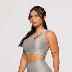 Top Feminino Prata Fitness Poliamida Academia Cinza Ombro Só Crossfit