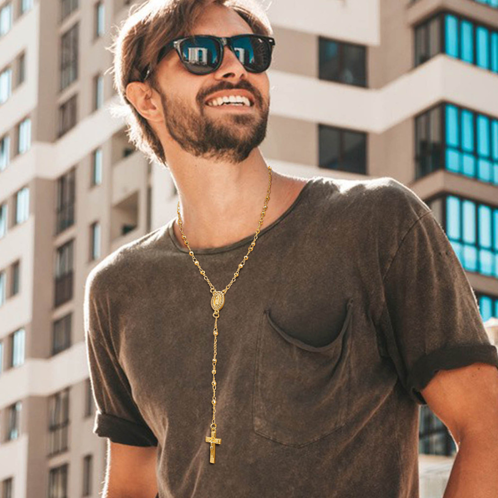 Vnox Dainty Virgin Mary Cross Colar De Contas Longas Para Mulheres Homens, 18K Ouro Fé Reza Jóias Acessórios · foto 2