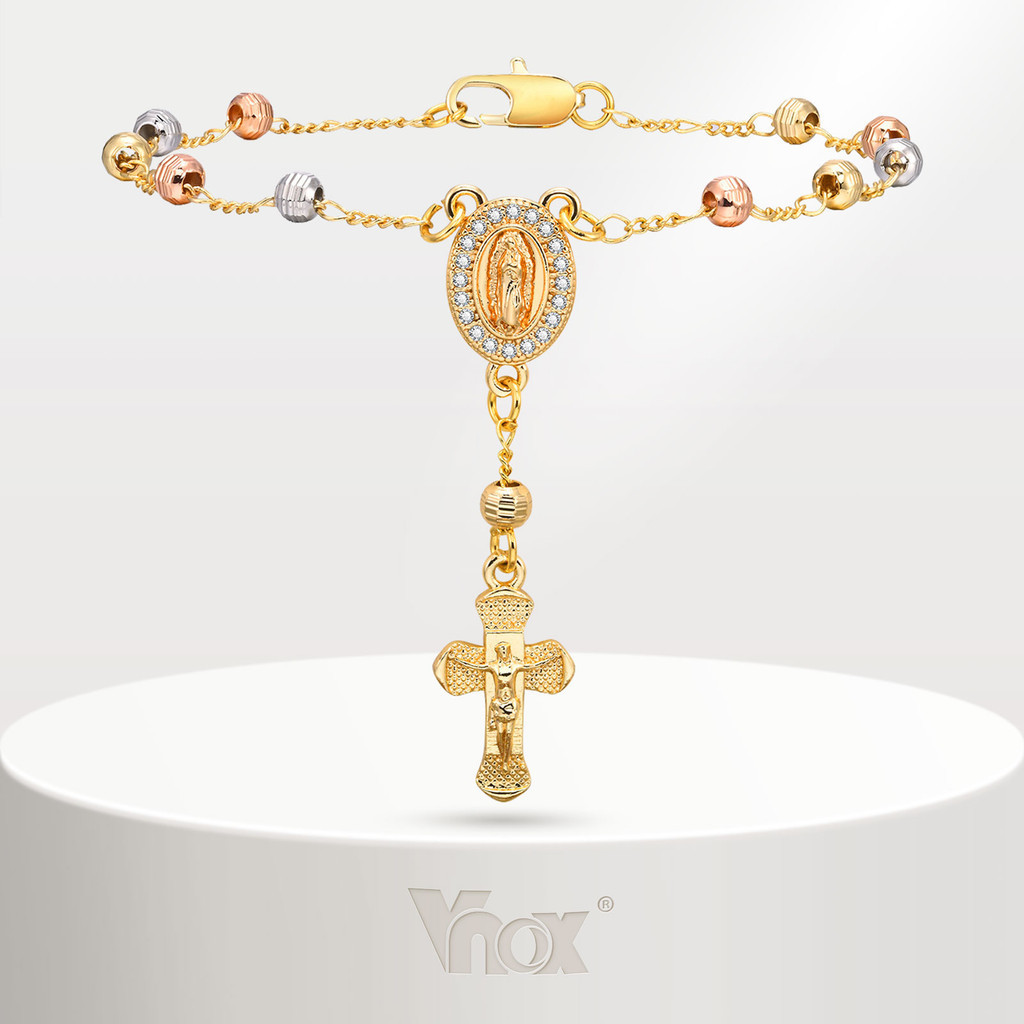 Vnox 18K Gold Vintage Women's Pendant Bracelet , Ethnic Tri Color Bead Virgem Oval Marca Jesus Cross Jewelry Gift - Fashion Accessories
