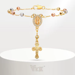 Vnox 18K Gold Vintage Women's Pendant Bracelet , Ethnic Tri Color Bead Virgem Oval Marca Jesus Cross Jewelry Gift
