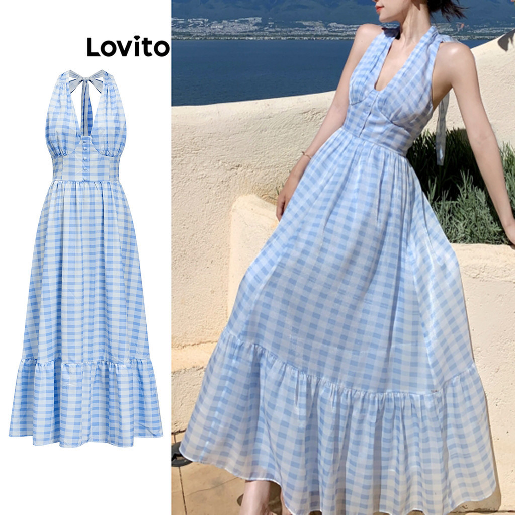 Lovito Vestido Casual Gingham Padrão Vestido Sem Costas Para Mulheres L85AD234 - Women Clothes