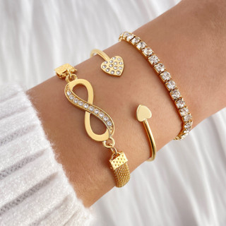 Pulseira aberta banhada a ouro de 3 peças europeia e americana com símbolo do infinito, joias femininas em Oferta na Shopee
