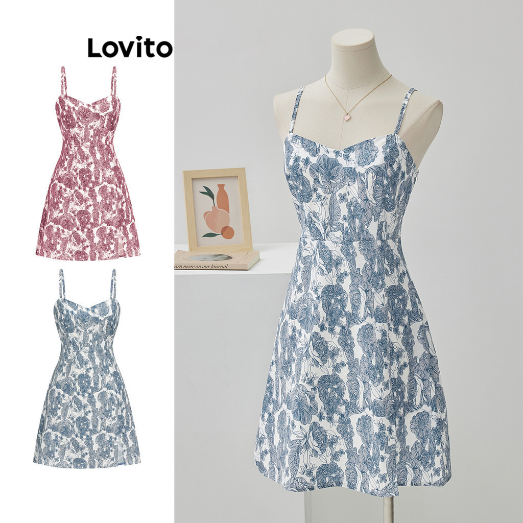 Lovito Boho Vestido Feminino Floral com Fenda L68ED195 (Azul) em Oferta na Shopee