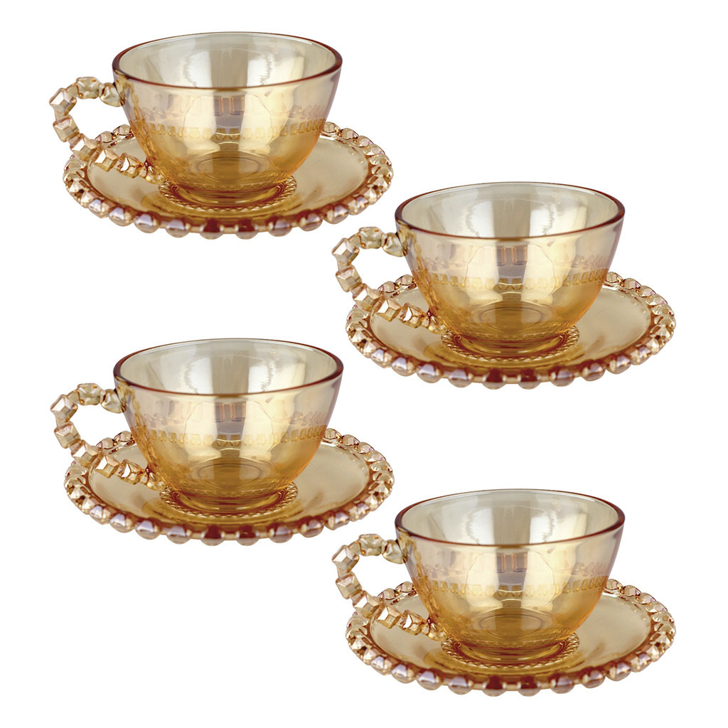 Jogo de 4 Xícaras Diamante Com Pires Para Chá 200ml Em Cristal