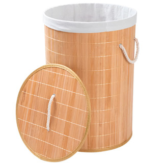 Cesto de Roupa Suja 60 LITROS Lavanderia Bambu c/ Tampa redonda Forrado Quarto Banheiro Do...