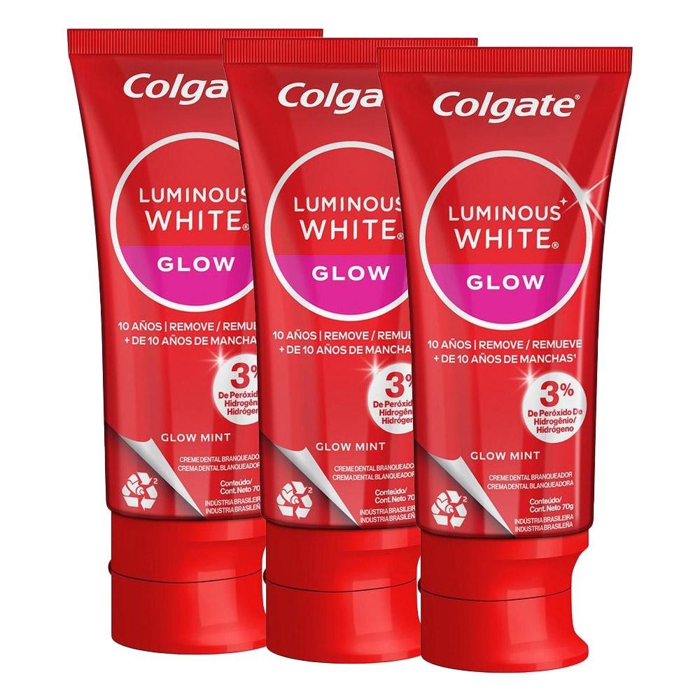 Kit com 3 Cremes Dentais Colgate Glow Mint Luminous White 70g - Health