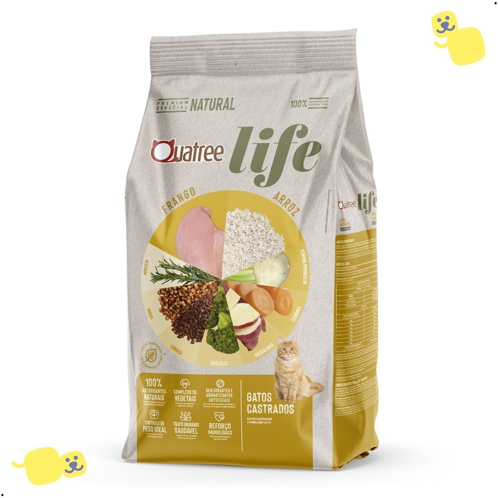 Ração Quatree Life Gatos Adultos Castrados Alimento Natural Frango e Arroz 3Kg Premium Especial Cat