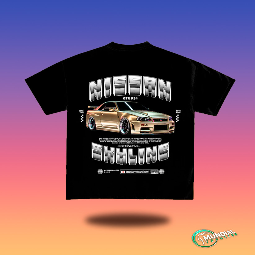 Camisa Camiseta Estampada  Nissan Skyline GTR R-34 Gold Edition Blusa Tecido Algodão Corrida Carro